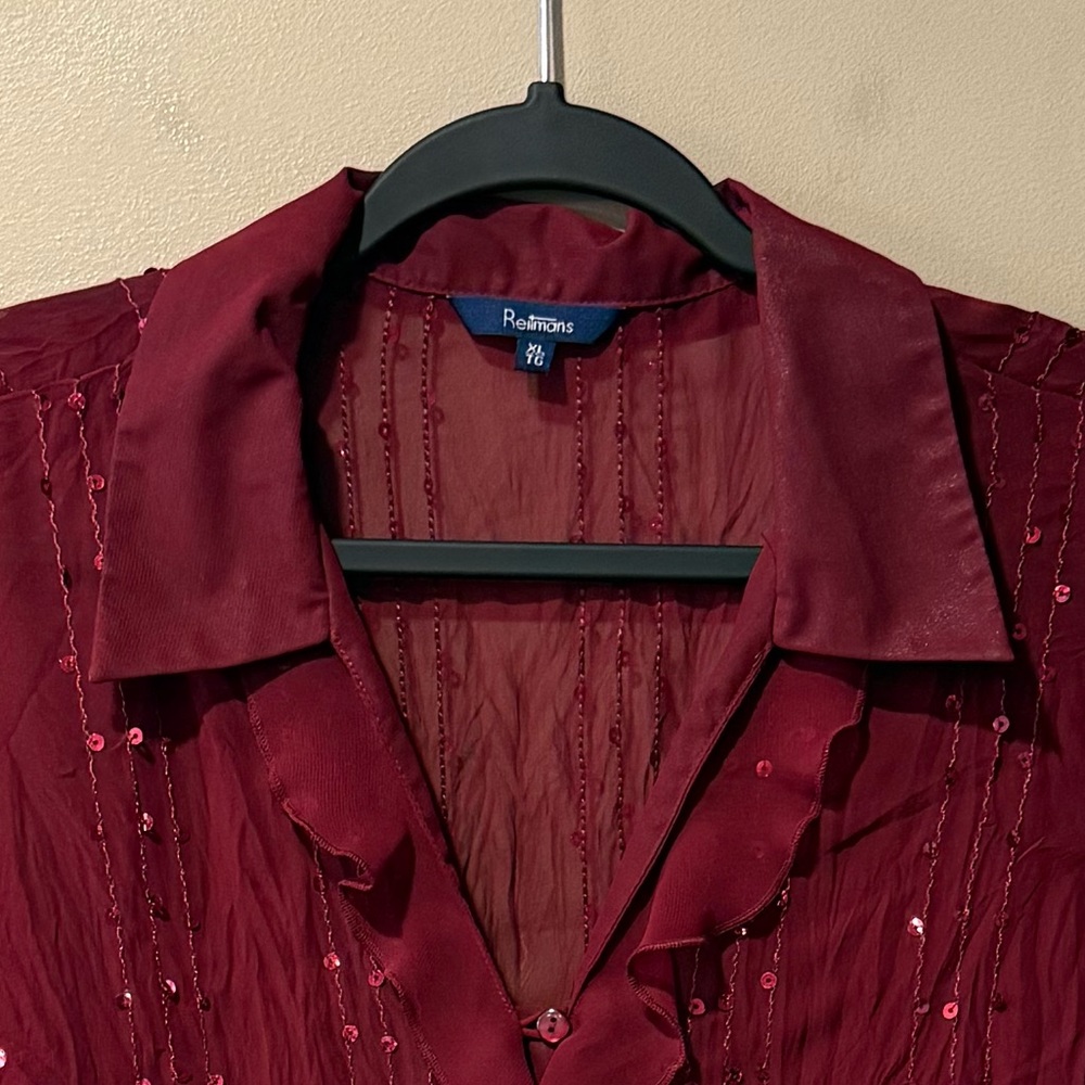 Reitmans Burgundy Sheer Sparkly Top with Ruffles & Sequin Embellishment - Picture 5 of 13